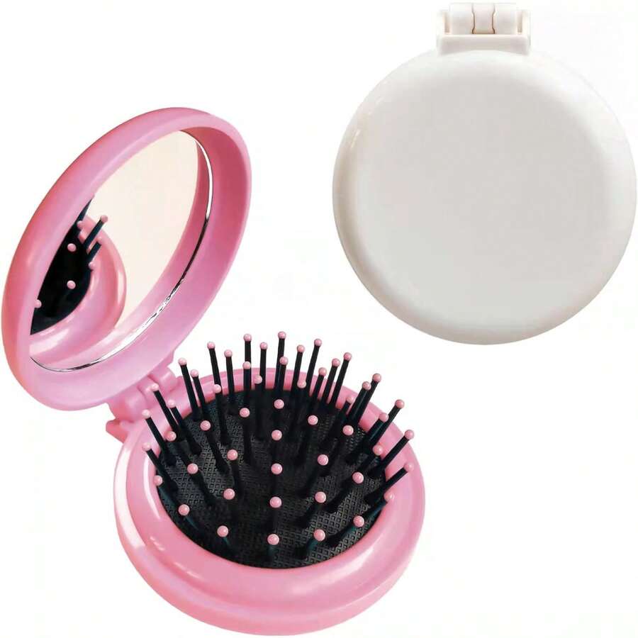 3-In-1 Folding Hair Brush With Mirror & Massage - Mini Round Compact Travel Hairbrush For Women, Portable Pocket Hair Comb With Boar Bristles Air Cushion For Styling, Detangling, Handbag, Purse, Car, Makeup Touch-Ups, On-The-Go Grooming Essentials - Màu sắc ngẫu nhiên - Xem 1