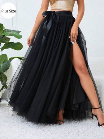 加大码黑色网眼喇叭长裙，大腿开叉，系带设计，优雅的梭织面料 A 字裙