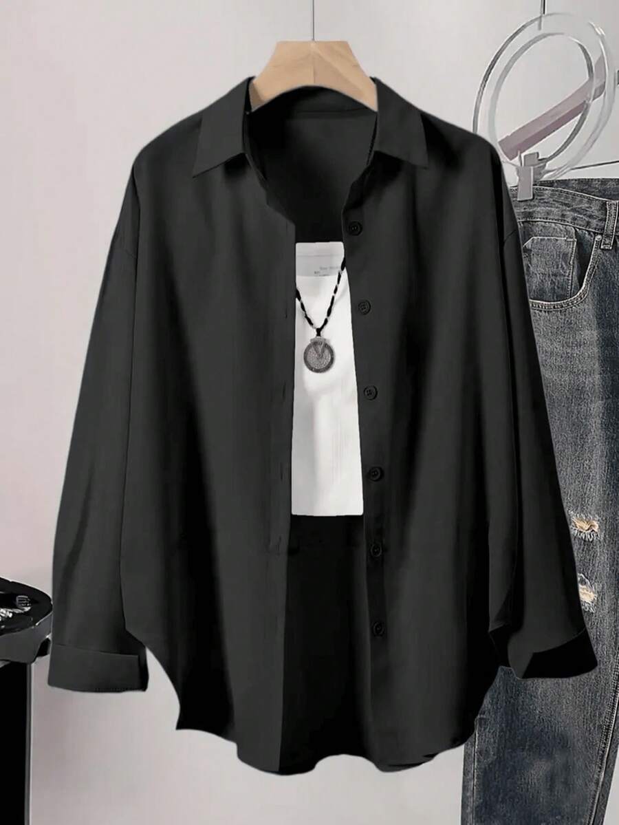 Women's Casual Long Sleeve Shirt, Loose Solid Color Button Down Pocket Blouse, Elegant French Style For Daily, Work, Vacation, Spring/Autumn/Winter - Black - View 1