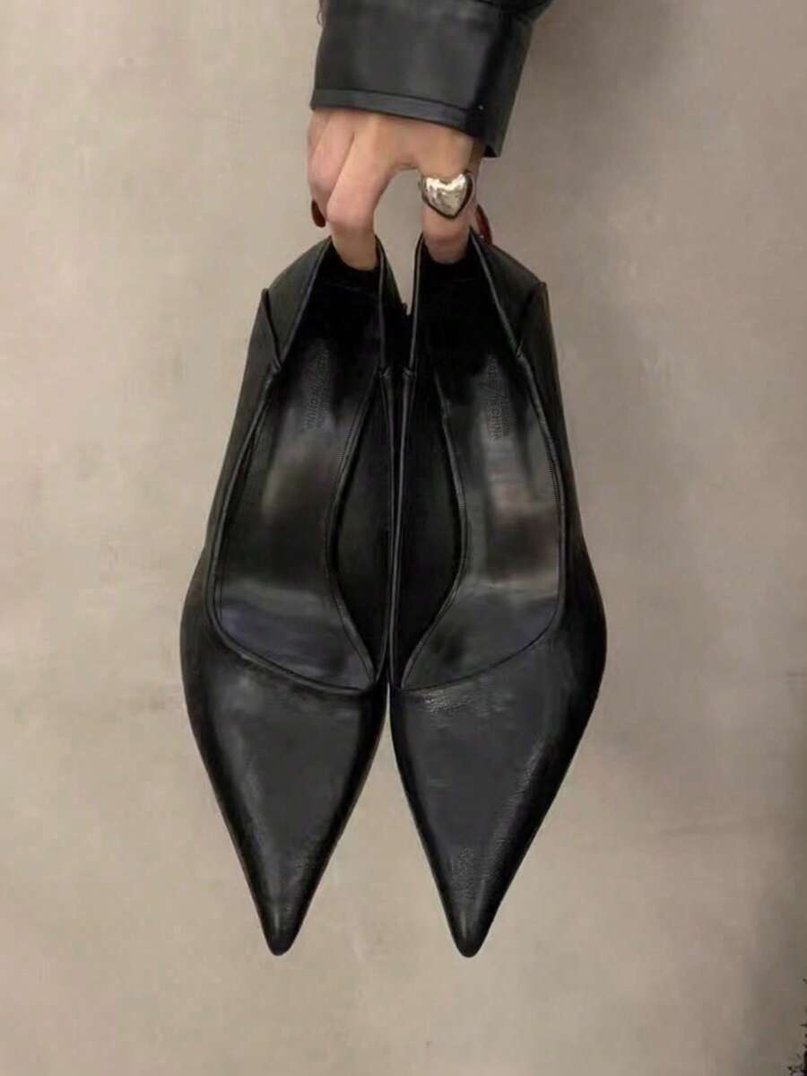 Wine Red Pointed Toe High Heel Shoes For Women, Commuter Style, Bowknot Accent, Thin Heel, Slip-On, Spring/Autumn 2025 New Arrival,Elegant - Black - View 1