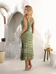 Women's Crochet Midi Dress, Lined, Elegant, New Year's Eve Party, Casual, Batal, Wedding, Gender Reveal - 橄欖綠 - 查看 2