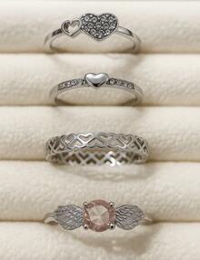 Kit With 4 Delicate Heart Rings, Elegant Plated - Pink Silver - View 2