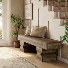 LITTLE TREE Entryway Bench, Solid Wood Shoe Bench, Farmhouse End Of Bed Stool With Sturdy Double Pedestal For Entryway, Living Room, Bedroom, Antique Gray Brown