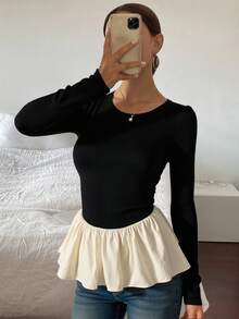 Livesso Tricou damă cu mânecă lungă și guler rotund, blocuri de culoare, volane, haine de toamnă - Alb-negru - Vizualizare 6