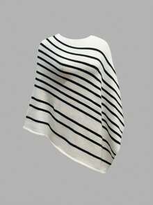 女士条纹街头休闲简约性感圆领不对称披肩镂空针织上衣短袖网眼针织衫沙滩罩衫轻薄套头披肩半蝙蝠袖宽松上衣秋季女装，圣诞新年 - 黑與白 - 查看 4