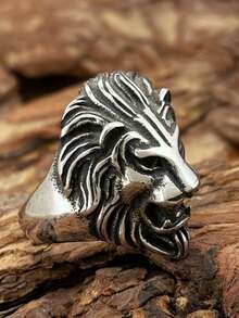 1pc Stainless Steel Lion Design Ring, Fashionable & Unique, Suitable Gift For Friends, Colleagues, Parents, Boyfriend/Girlfriend - Silver - View 3