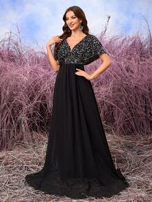 UNITHORSE Elegant V-Neck Raglan Sleeve Sequin Patchwork Chiffon Ruffle Design Graceful Flowy Chiffon Dress - Black - View 4