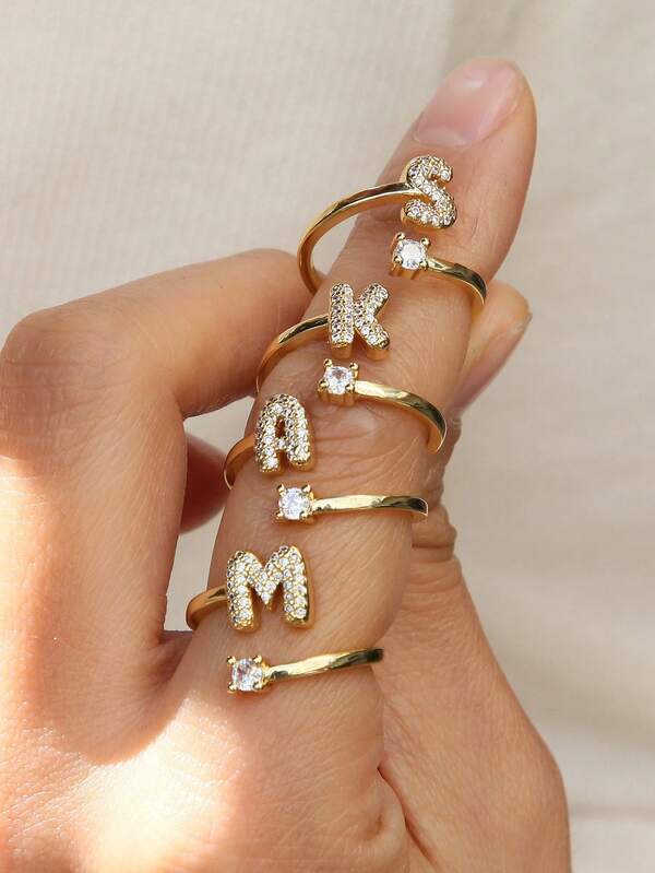 Women's Balloon Shaped Cute 26 Letter Rings, Gold Plated Zirconia A To Z Adjustable Open Letter Rings, Beautiful Wedding Jewelry Gift
