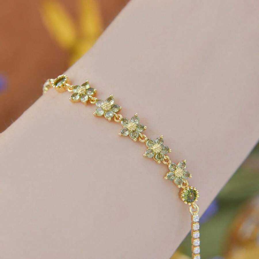 Light Luxury Flower Alloy Bracelet, Retro Pull-Out Adjustable Design Women's Palace Style Bracelet, Valentine's Day Gift - 橄欖綠花鋯石手鍊 - 查看 1