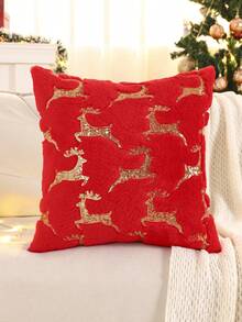 1 buc. Față de pernă decorativă de Crăciun, ren de pluș cu broderie cu paiete aurii, decor rustic pentru canapea în sufragerie, cadou de sărbători, roșu
