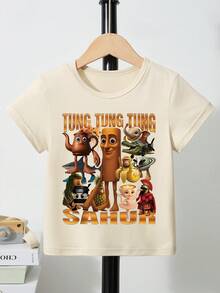 男童趣味字母标语“Tung Tung Tung Sahur”和木制简笔画印花短袖T恤，休闲夏季
