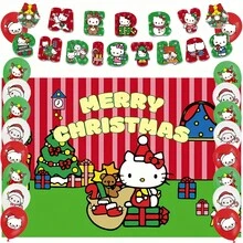 Decoraciones de fiesta de Sanrio - Globos de fiesta de Navidad con diseño de Hello Kitty, fondo de pantalla de Navidad Kawaii de Hello Kitty, banderín de Navidad de Hello Kitty, decoración colgante de pared de Hello Kitty, decoraciones de fondo para fotos de reunión de fiesta