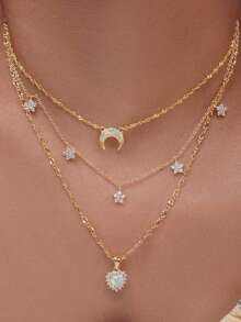 1pc Multilayer Crystal Heart & Moon Pendant Necklace For Women, Suitable For Daily, Date, Vacation, Wedding, Holiday Wear, Birthday, Mother's Day, Valentine's Day Gift