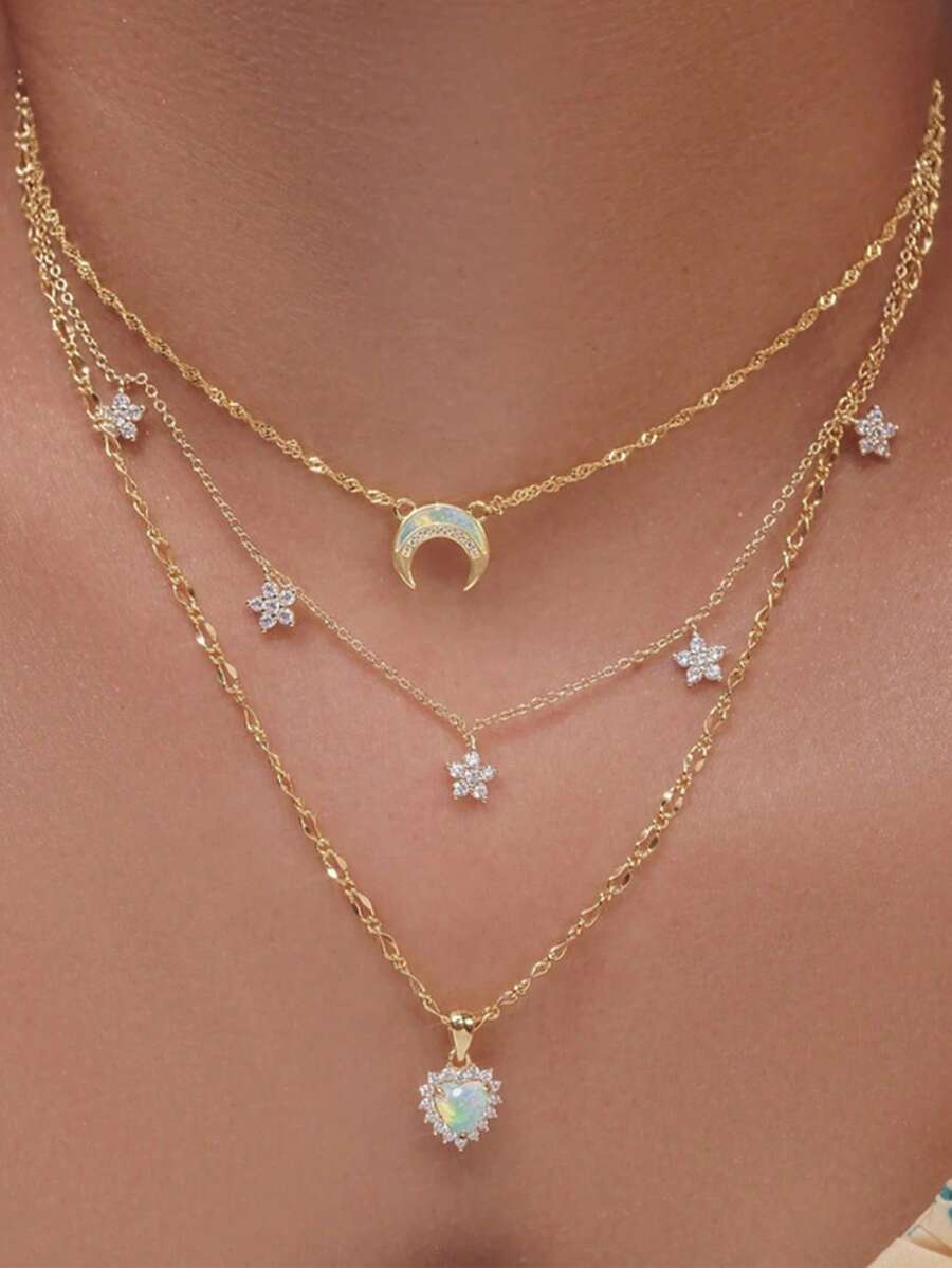 1pc Multilayer Crystal Heart & Moon Pendant Necklace For Women, Suitable For Daily, Date, Vacation, Wedding, Holiday Wear, Birthday, Mother's Day, Valentine's Day Gift