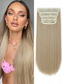 4 piezas/set Extensiones de cabello liso suave de 20 pulgadas, extensiones de cabello sintético liso grueso con clip para mujeres, piezas de cabello postizo con clip para toda la cabeza, extensiones de cabello sintético - Multicolor - Ver 17