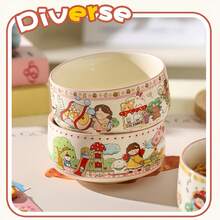 可爱女孩陶瓷Ogoo碗，卡通女孩餐具套装，适用于水果沙拉碗，米饭碗，燕麦碗，甜点碗，酸奶碗，面条碗，深汤盘，适用于家庭厨房，派对，餐厅 - 彩色 - 查看 12