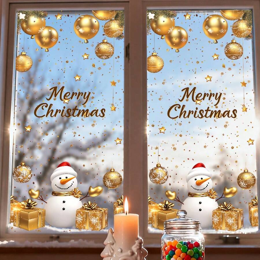 1/2 pièces Autocollant de fenêtre statique en or de bonhomme de neige de Noël, sticker en PVC pour vitre, décoration thème d'hiver pour cuisine ou salon, embellissement, décalcomanie vinyle, fournitures de fête de Noël
