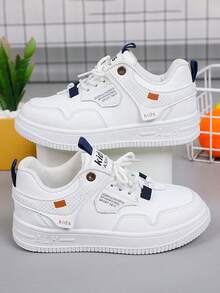 Zapatos deportivos para niños, zapatos de tenis casuales para niños transpirables y de moda, con punta redonda y cordones, adecuados para zapatos casuales diarios. - Blanco - Ver 4