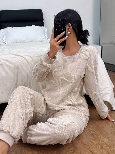 Women's Ribbed Crew Neck Bow Jacquard Fleece Long Sleeve Top And Drawstring Pants Loungewear Set, Autumn/Winter, Cozy Clothes