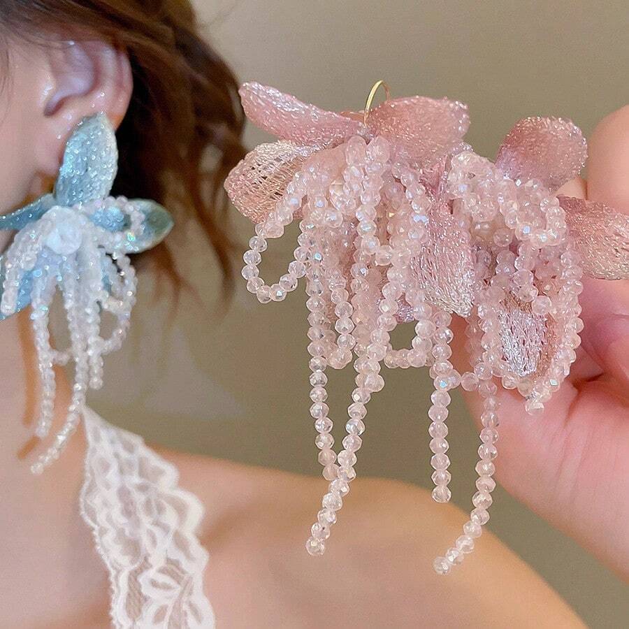 1PC Vacation Style Flower Beaded Tassel Women's Earrings Exquisite Elegant Niche Personality Exaggerated Studs High-End Feel Women's Earrings For Daily Wear - 12-3028-藍色串珠花朵耳環 - 查看 1