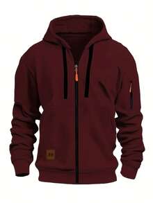 Men's Casual Hooded Zipper Cardigan Jacket - Lightweight Loose Solid Color With Front Pocket And Orange Accents, Suitable For Spring And Autumn, Daily Casual Durable Comfortable Coat - 卡其色 - 查看 7