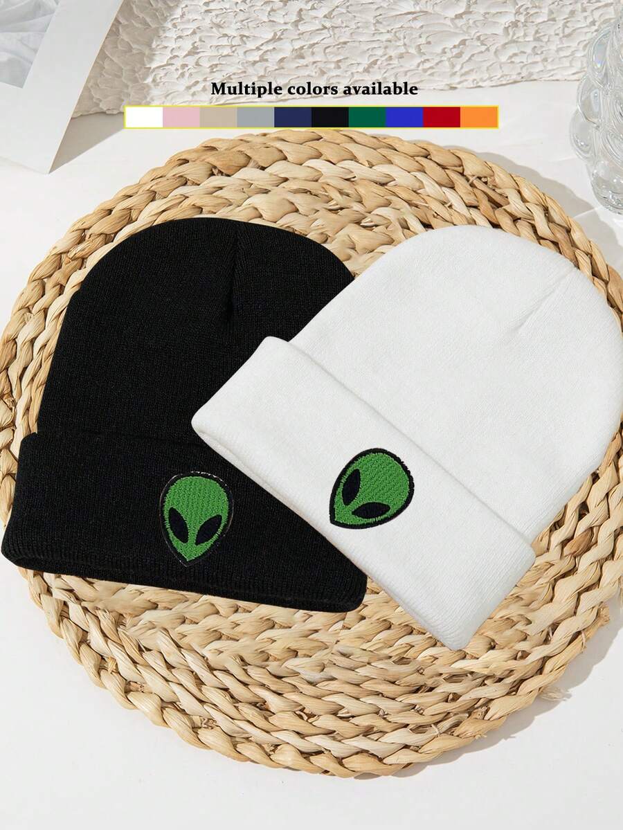 2顶/套 男女通用刺绣外星人图案针织帽，弹力独特，秋冬季服装 - 多色 - 查看 1