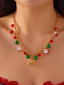1 buc Lanț Reglabil din Aliaj cu Mărgele din Lut Polimeric, Colier cu Pandantiv de Crăciun cu Mai Multe Straturi, Moș Crăciun, Brad de Crăciun, Om de Zăpadă - Colier la Modă și Versatil pentru Femei, de Crăciun, Sărbători, Petrecere, Evenimente, Bijuterii Choker - Cadou (Culoare Aleatoare)