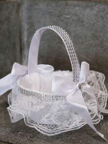 1 pezzo Cestino floreale bianco, cestino portapetali da sposa con fiocco in tessuto di pizzo, decorazione romantica e moderna per matrimoni, feste e utilizzo quotidiano, accessorio per danza