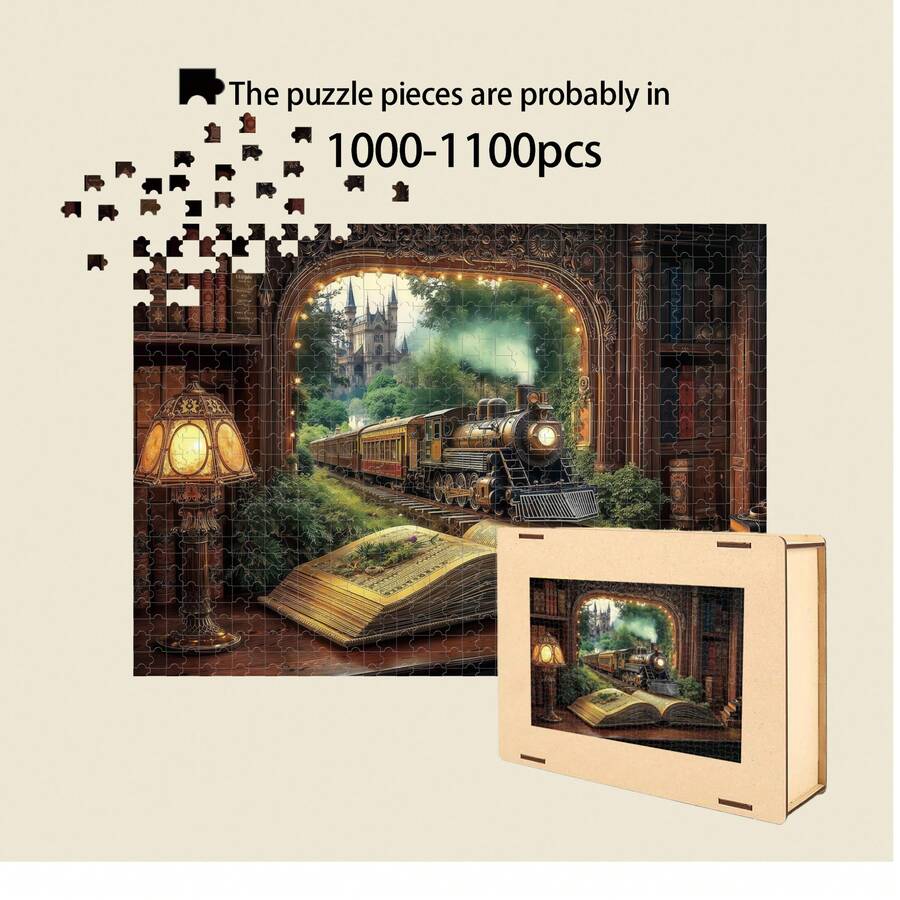 1 conjunto de quebra-cabeça de madeira com 1000-1100 peças - quebra-cabeça intrincado com tema de trem, floresta e livro, quebra-cabeça exclusivo para adultos em formato real, quebra-cabeça de madeira colorido, presente criativo para adultos, quebra-cabeça de decoração de casa faça você mesmo para interação familiar, presente de aniversário, feriado e ocasião especial, caixa de presente requintada, decoração de parede artística, peças de alta qualidade, cuidadosamente elaboradas