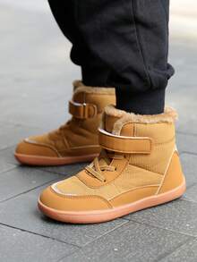 1 par de botas de invierno forradas térmicamente de unicolor y estilo de moda para niños, de piel sintética, cómodas y suaves con suela antideslizante y cierre, adecuadas para niñas y niños pequeños, para otoño/invierno