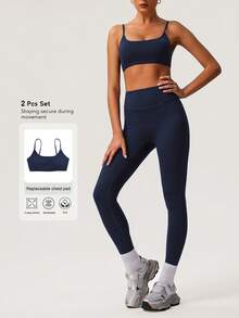 Sodalemon Women's Solid Color Thick Sports Bra & Yoga Leggings 2 Pieces Set, Minimalist Design For Fitness Training - Màu xanh hải quân - Xem 8