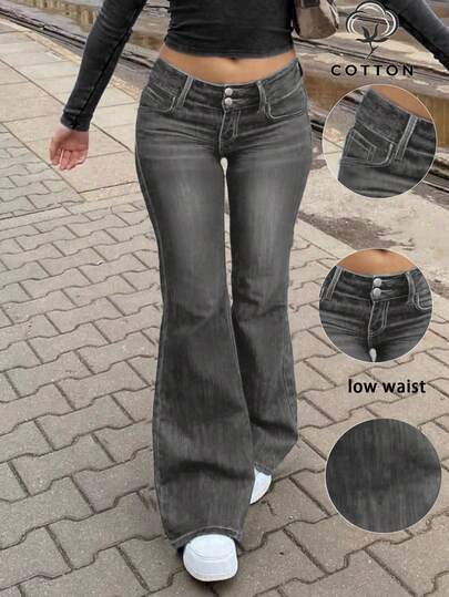 Moderiktiga och eleganta minimalistiska dubbelknäppta slim fit-jeans med utsvängda ben för kvinnor, bantning