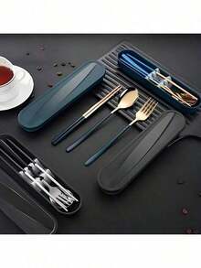 3PCS/15PCS Stainless Steel Utensil Set – Reusable Portable Travel Tableware (Chopsticks, Fork, Spoon Included), Suitable For Outdoor Picnics & Homemade Lunches