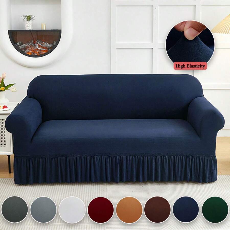 1PC Elastic Skirt Sofa Cover Universal Four Seasons Anti-Dirty And Non-Slip Solid Color Sofa Cover Suitable For 1/2/3/4 Seat Home/Living Room Decoration All-Inclusive Sofa Protective Cover Valentine's Day Gifts Valentine's Day Decorations - 藏青 - 查看 1