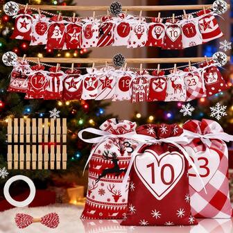 Calendario de Adviento de 24 días con bolsas colgantes - 24 bolsas de tela de estilo otoñal con cordón para fiestas de Navidad, dulces y regalos pequeños - Decoraciones para el árbol de Navidad, la pared y la ventana - Incluye pinzas y cinta