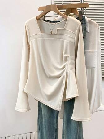 女士时尚方领长袖针织上衣，不对称下摆开衩细节常规版型衬衫