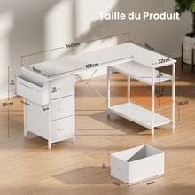 HLONONE Desk 120/140 Cm With 3 Fabric Drawers & Storage Bag, Corner Computer Desk With Shelves For Office & Home Office, 4 Colors - 白色 - 查看 8
