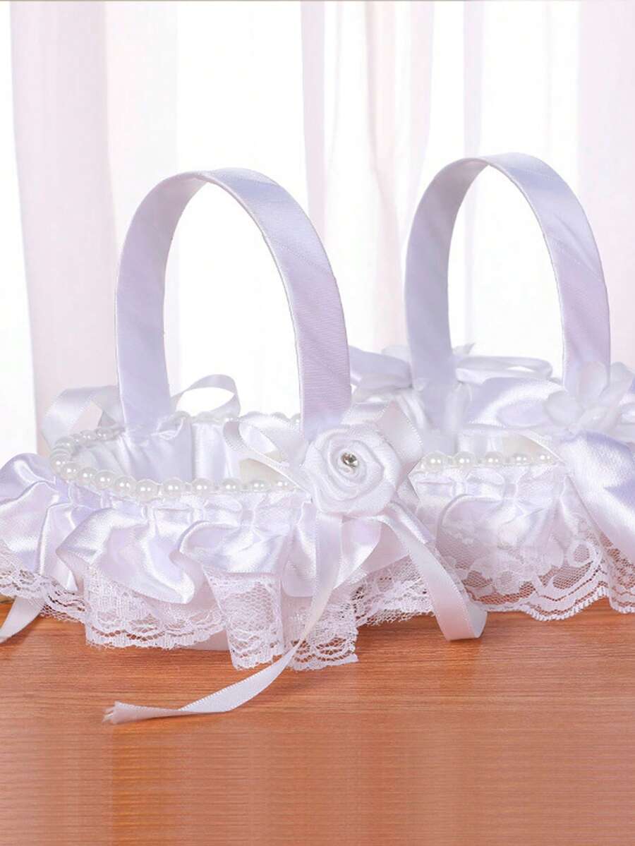 1 pezzo Cestino floreale bianco, cestino portapetali da sposa con fiocco in tessuto di pizzo, decorazione romantica e moderna per matrimoni, feste e utilizzo quotidiano, accessorio per danza