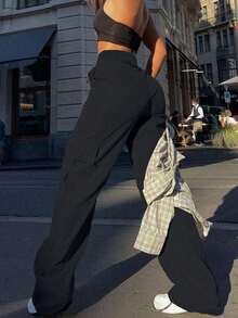 Casuales para Mujer con Cintura alta Elástica, Detalles Metálicos, Pantalones de Mezclilla a la Moda para Atuendo Casual - Negro - Ver 2