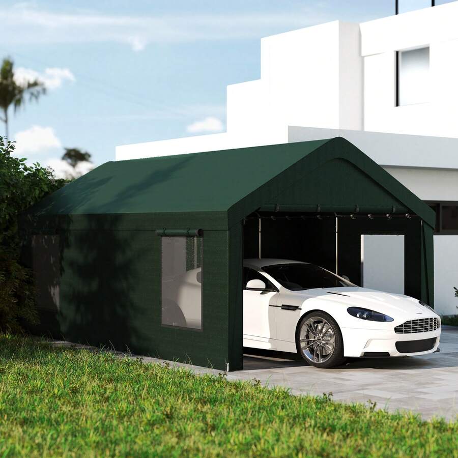 Outsunny Carport, 12 X 20ft Portable Garage With 2 Roll-Up Doors And 4 Windows, Heavy Duty Outdoor Car Shelter With Removable Sidewalls For Car, Truck, Garden Tools, Dark Green - Màu xanh lá cây đậm - Xem 1