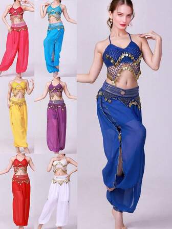 对于肚皮舞服装，您可以选择雪纺上衣和哈伦裤的两件套，或者一件雪纺上衣（带有不可拆卸的衬垫胸垫）和饰有硬币的服装，所有这些都适合女性表演者。