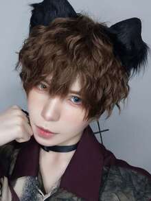 Men Synthetic Short Black Fireworks Perm Short Wave Curly Men Wig Anime Game Cosplay Fluffy Heat Resistant Wig For Daily Party White Blonde Cold Brown