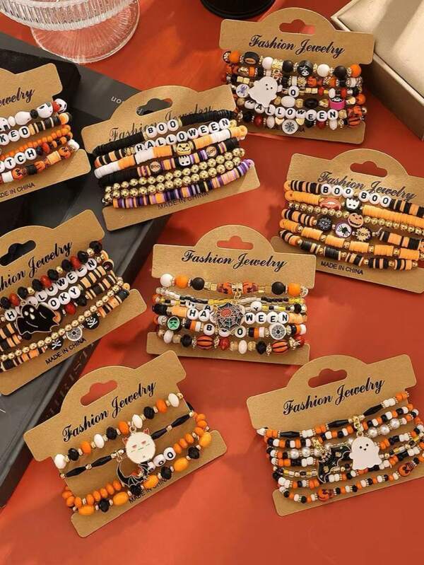4pcs Halloween Bracelet Set, Beaded Stretch Cord Bracelets With Pumpkin & Ghost Pendants, Fashion Jewelry For Daily Wear & Festivals