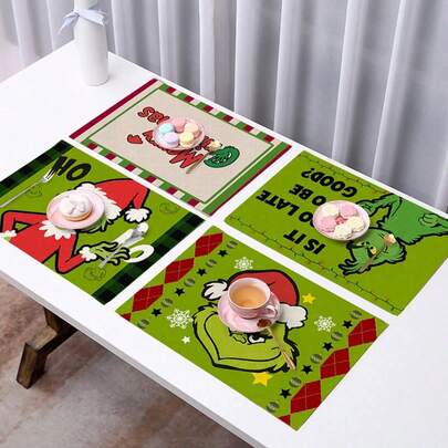 GRINCH 4 Stücke Weihnachts-Grinch Tischsets, Küchen- und Esszimmer Isolationsmatten, dekorative Stofftischsets, hitzebeständige Untersetzer Set, Weihnachtsparty Dekoration