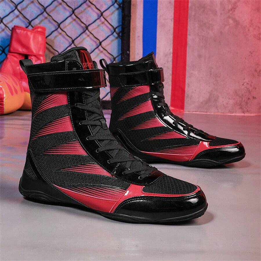 Sapatos de luta livre masculinos, sapatos de boxe de cano alto, sapatos de treino, botas de kickboxing, sapatos para artes marciais e fitness, sapatos esportivos profissionais masculinos de alta qualidade, confortáveis, antiderrapantes, duráveis, respiráveis, com suporte para o tornozelo e solado texturizado.