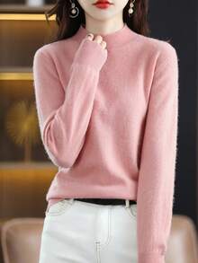 Sweater Wanita 100% Wol Merino, Lembut & Hangat, Pullover Kerah Tinggi, Musim Gugur/Musim Dingin, Desain Satu Potong Tanpa Jahitan - Berwarna merah muda - View 4