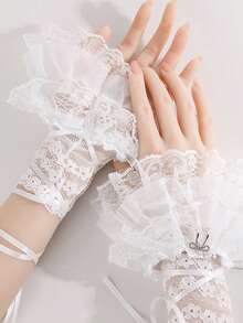 1 đôi găng tay hở ngón kiểu Lolita viền ren xếp nếp, cổ tay ren đen trắng, phụ kiện váy dự tiệc, găng tay cưới. - Nhiều màu - Xem 5