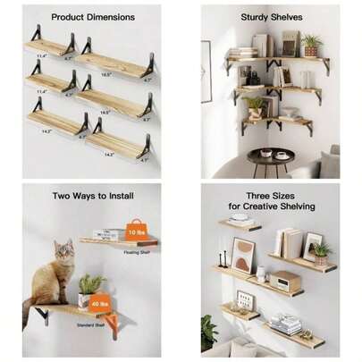 Floating Shelves Set Of 6, Wood Floating Shelves Wall Decor, Rustic Farmhouse Wall Shelves Bedroom, Bathroom Shelves Wall Storage, Book Shelves Living