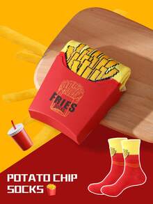 一双多色中筒袜，男女通用情侣礼盒装，薯条图案，创意美食灵感袜子，舒适百搭，适合生日、情人节、复活节、斋月、约会、家庭聚会、派对和节日等场合。