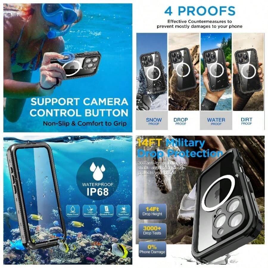 Funda Impermeable para 16 Pro con, Resistente a la Nieve, al Polvo y a los Golpes, certificacin IP68, proteccin Corporal Real de 360 u200Bu200BGrados, Totalmente sellada bajo el Agua - Negro con Magsafe_03 + iphone 16 Pro Max - Ver 1